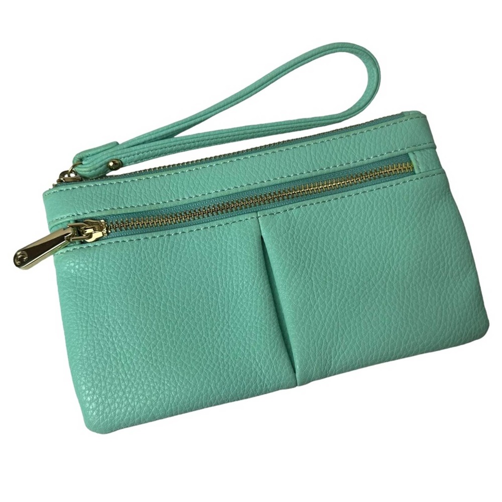 Charming Charlie Wristlet Mint Seafoam Green Front Zip Faux Leather